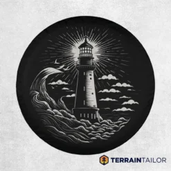 Black and White Lighthouse Tire Cover – Nautical Ocean Wave Design