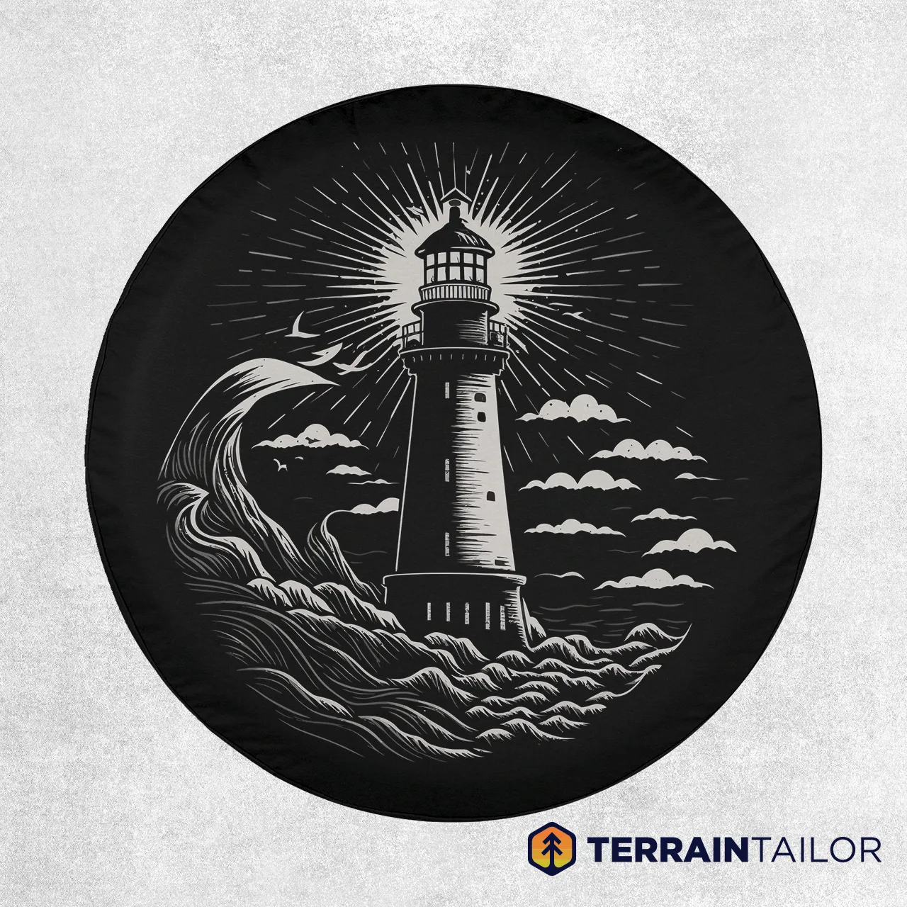 Black and White Lighthouse Tire Cover – Nautical Ocean Wave Design