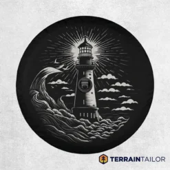 Black and White Lighthouse Tire Cover – Nautical Ocean Wave Design