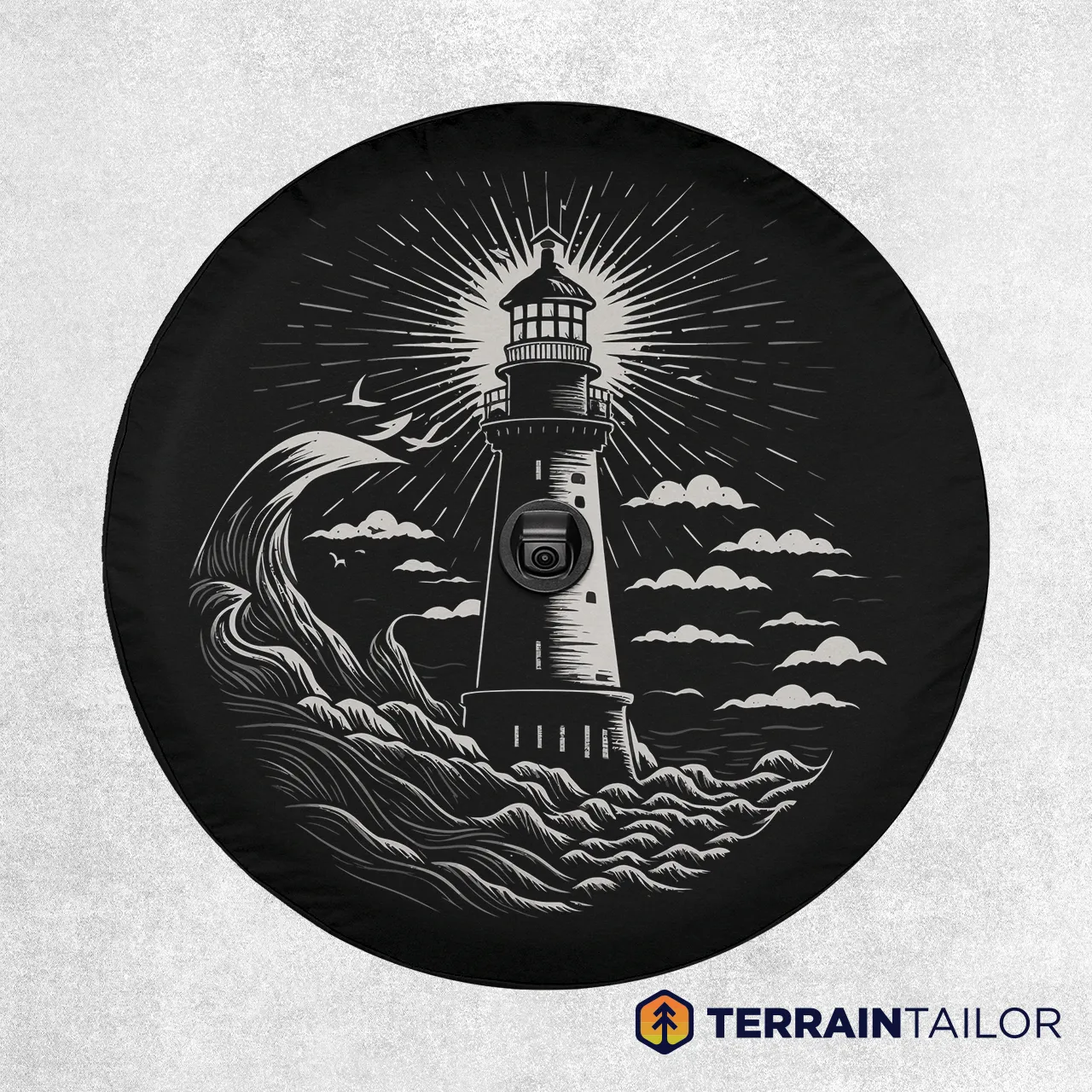Black and White Lighthouse Tire Cover – Nautical Ocean Wave Design