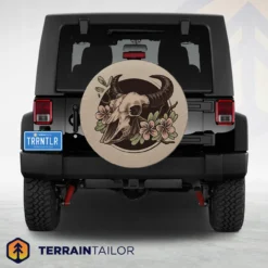 Bull Skull With Flowers Tire Cover – Western Floral Design
