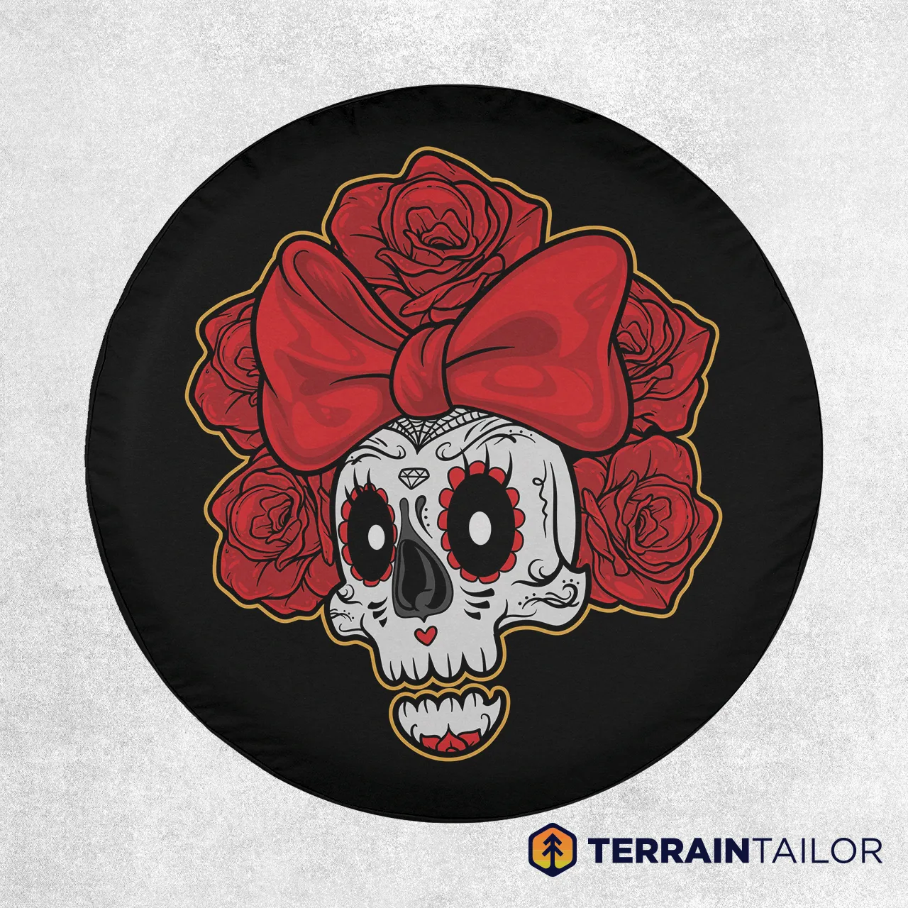 Sugar Skull With Red Roses and Bow Tire Cover – Day of the Dead Style