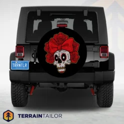 Sugar Skull With Red Roses and Bow Tire Cover – Day of the Dead Style