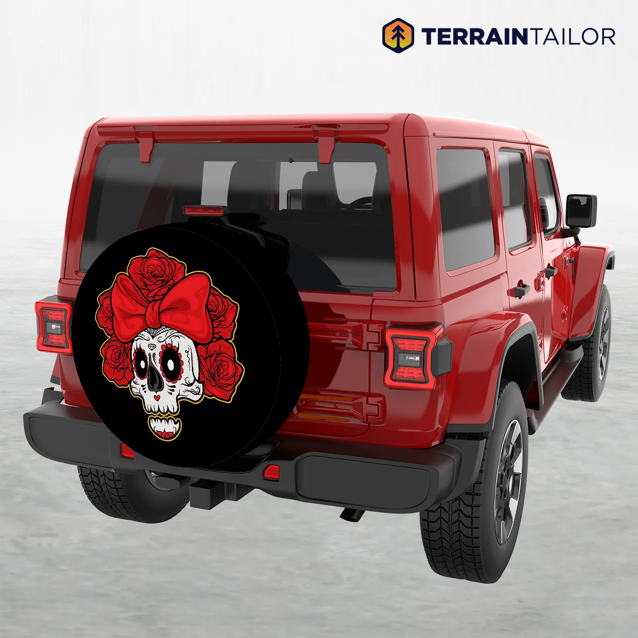 Sugar Skull With Red Roses and Bow Tire Cover – Day of the Dead Style