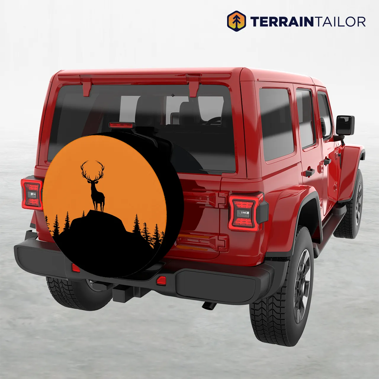 Deer Silhouette Tire Cover – Sunset Mountain Scene