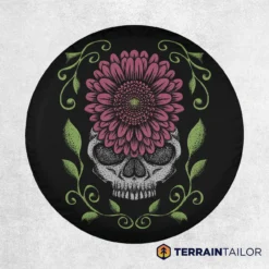 Flower Skull Tire Cover – Distressed Floral Art on Black