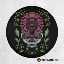 Flower Skull Tire Cover – Distressed Floral Art on Black