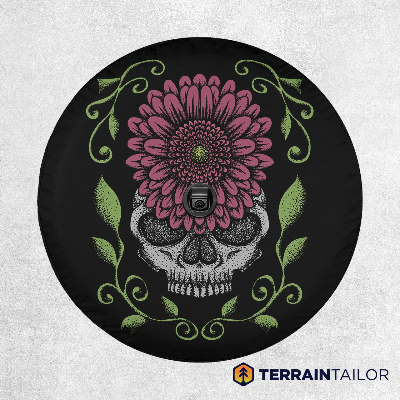 Flower Skull Tire Cover – Distressed Floral Art on Black