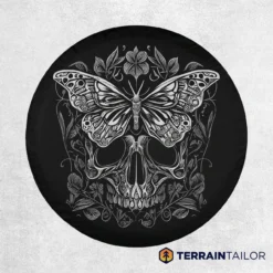 Butterfly Skull Tire Cover – Engraved Floral Line Art
