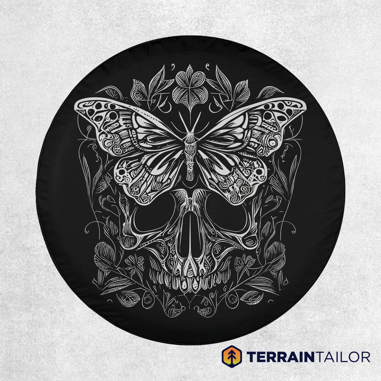 Butterfly Skull Tire Cover – Engraved Floral Line Art