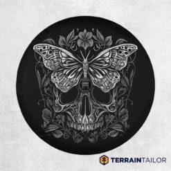 Butterfly Skull Tire Cover – Engraved Floral Line Art