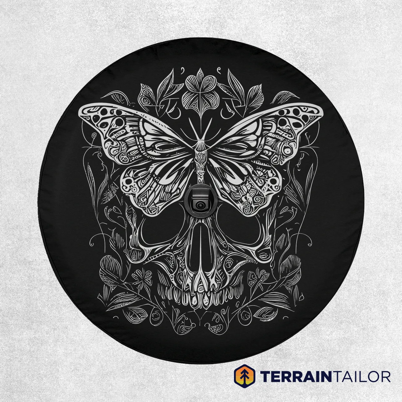 Butterfly Skull Tire Cover – Engraved Floral Line Art