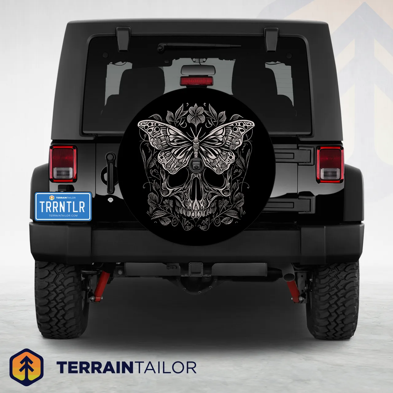 Butterfly Skull Tire Cover – Engraved Floral Line Art