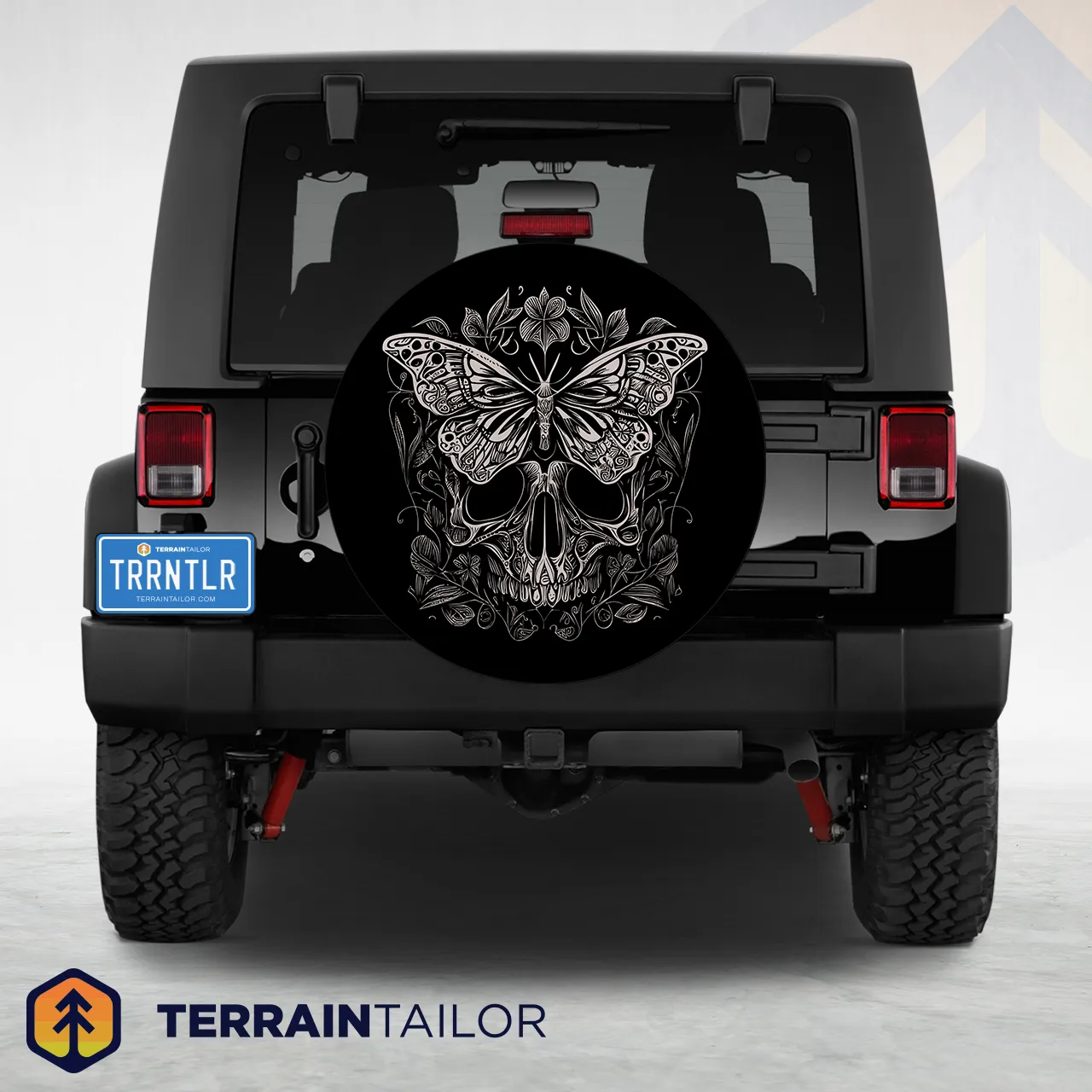 Butterfly Skull Tire Cover – Engraved Floral Line Art