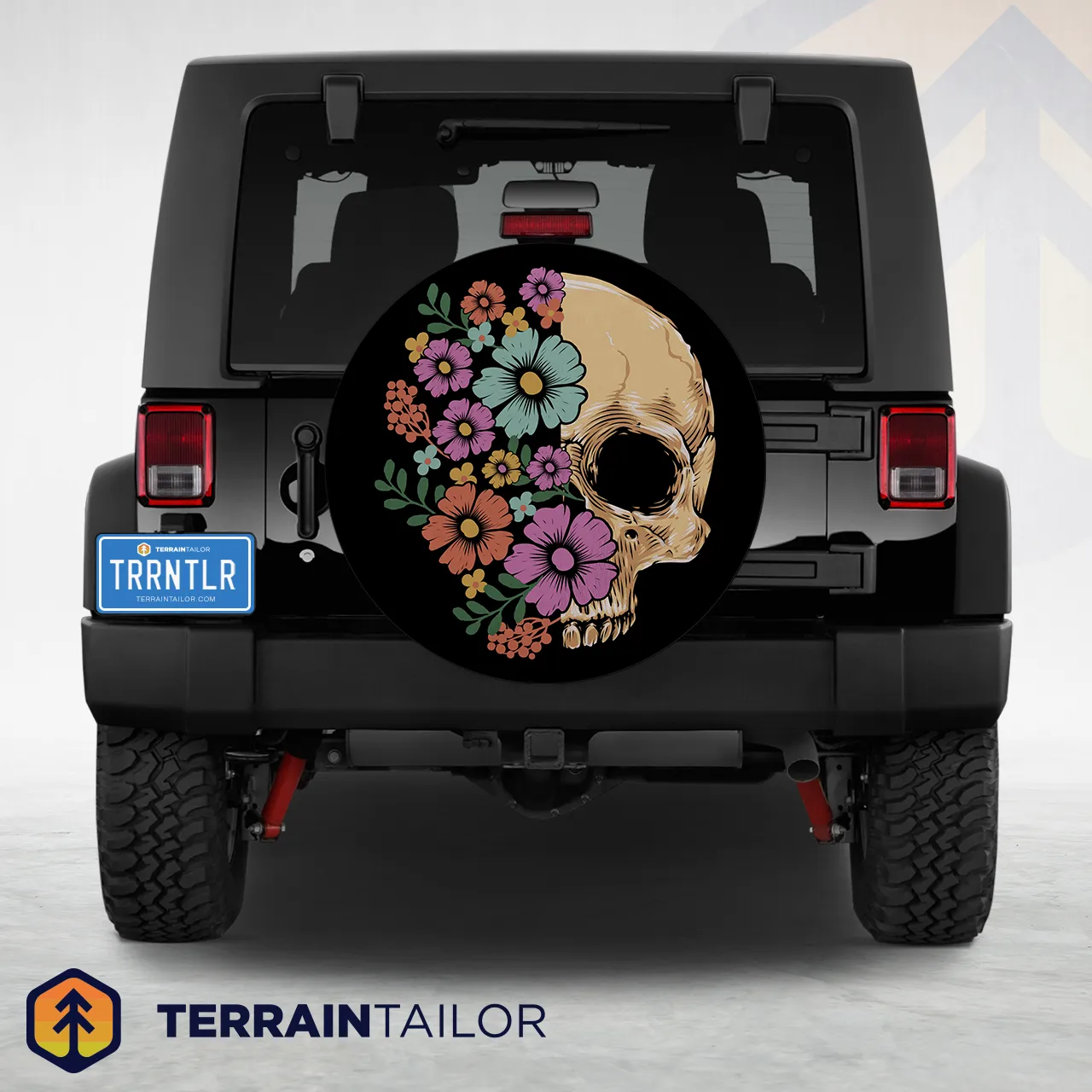 Floral Skull Tire Cover – Vintage Flowers and Skull Illustration