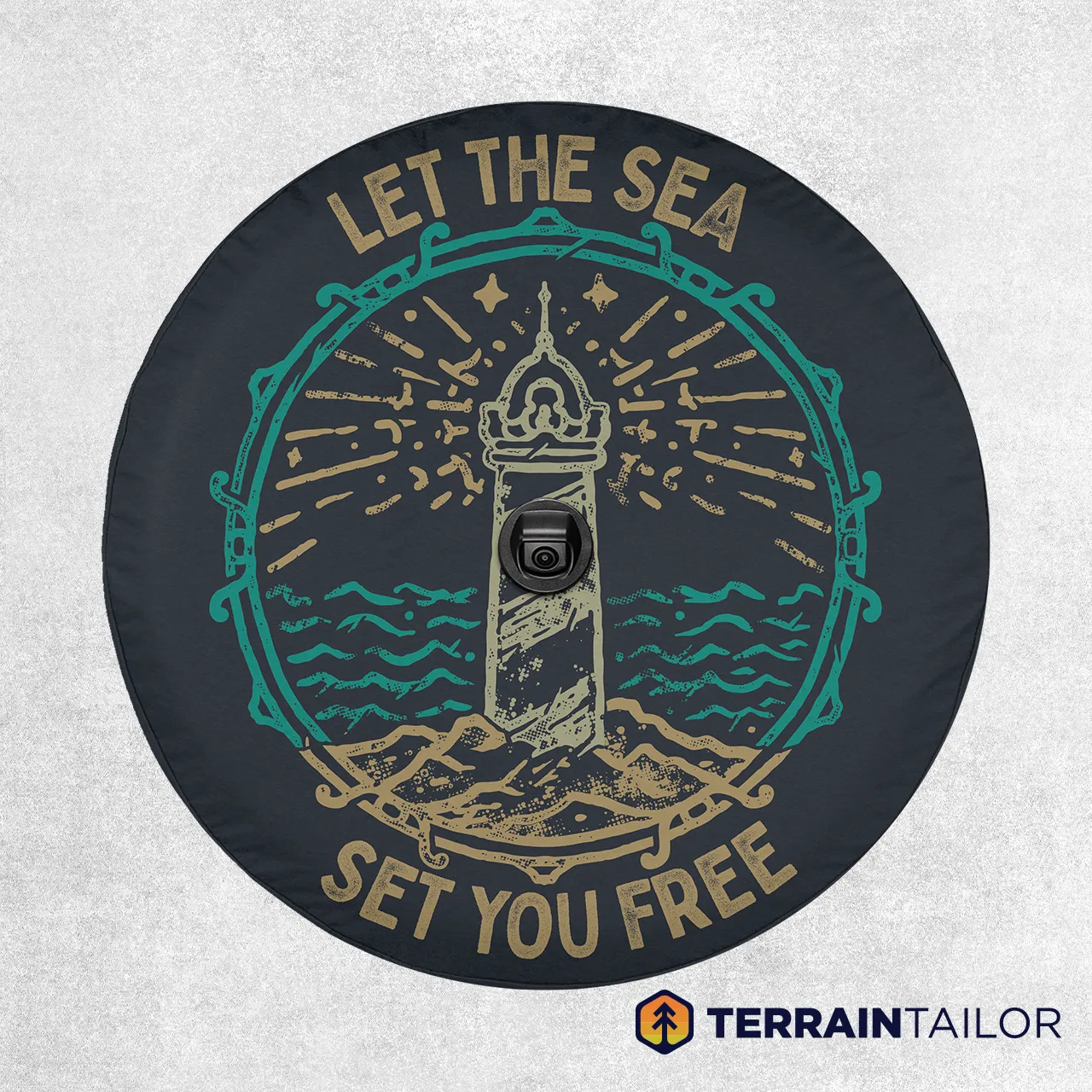 Let the Sea Set You Free Tire Cover – Distressed Lighthouse Design