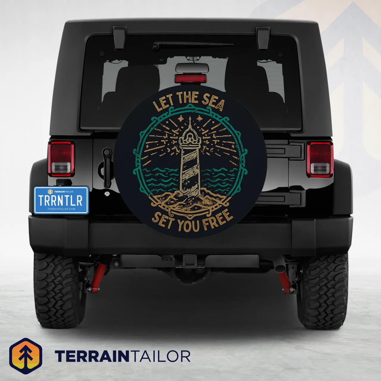 Let the Sea Set You Free Tire Cover – Distressed Lighthouse Design