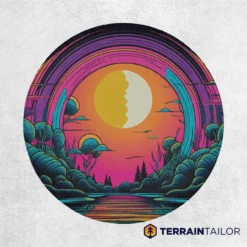 Neon Sunset Over River Spare Tire Cover – Bold Retro Landscape Design