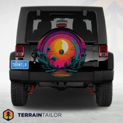Neon Sunset Over River Spare Tire Cover – Bold Retro Landscape Design