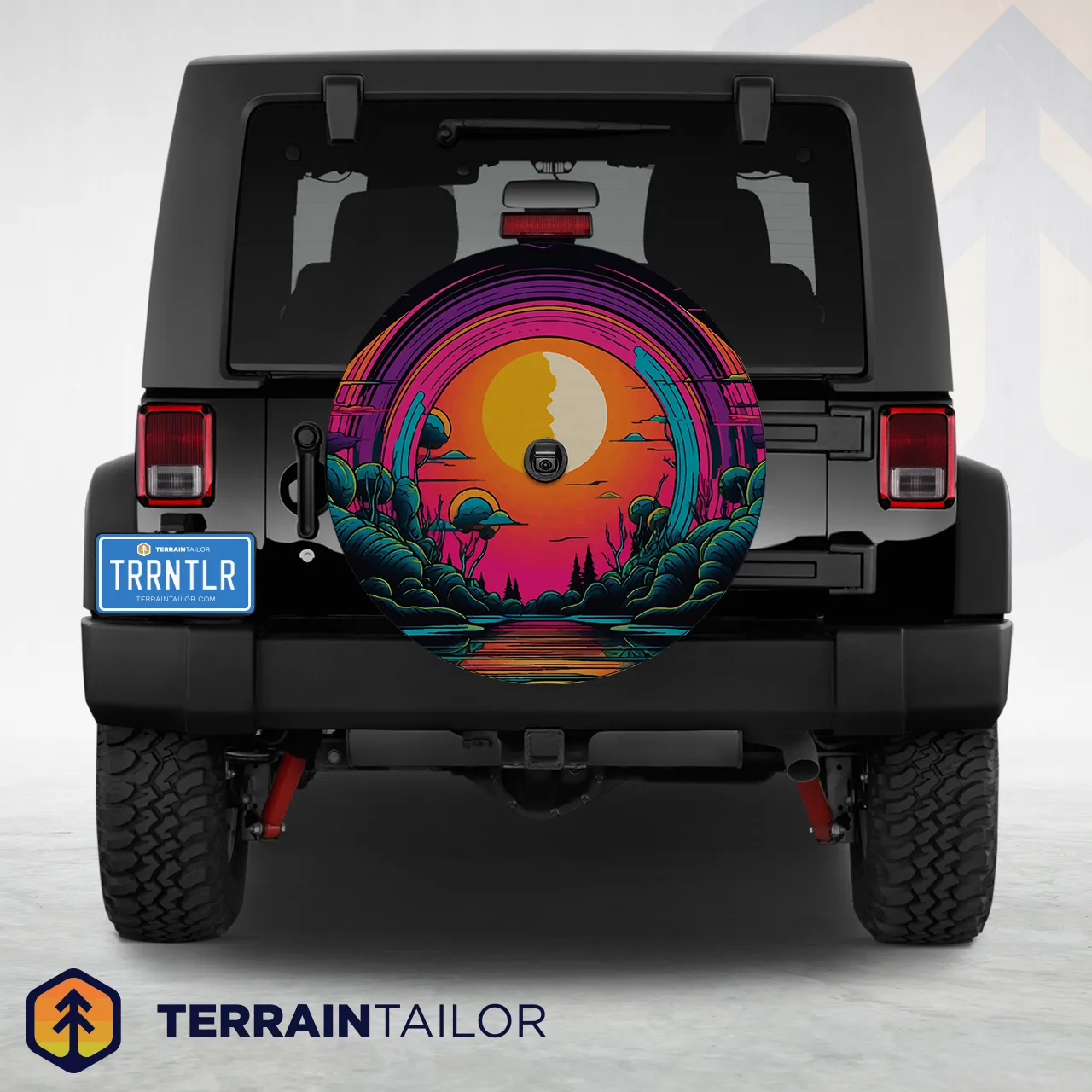 Neon Sunset Over River Spare Tire Cover – Bold Retro Landscape Design