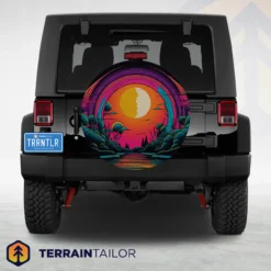 Neon Sunset Over River Spare Tire Cover – Bold Retro Landscape Design