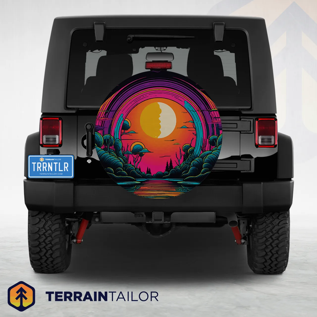 Neon Sunset Over River Spare Tire Cover – Bold Retro Landscape Design