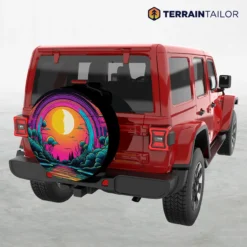 Neon Sunset Over River Spare Tire Cover – Bold Retro Landscape Design