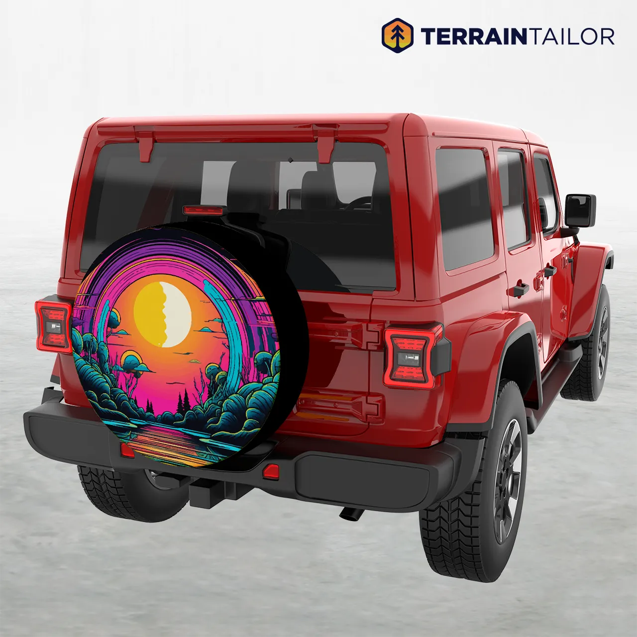 Neon Sunset Over River Spare Tire Cover – Bold Retro Landscape Design