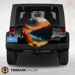 Painted Mountain Landscape Spare Tire Cover – Scenic River and Sunrise Design
