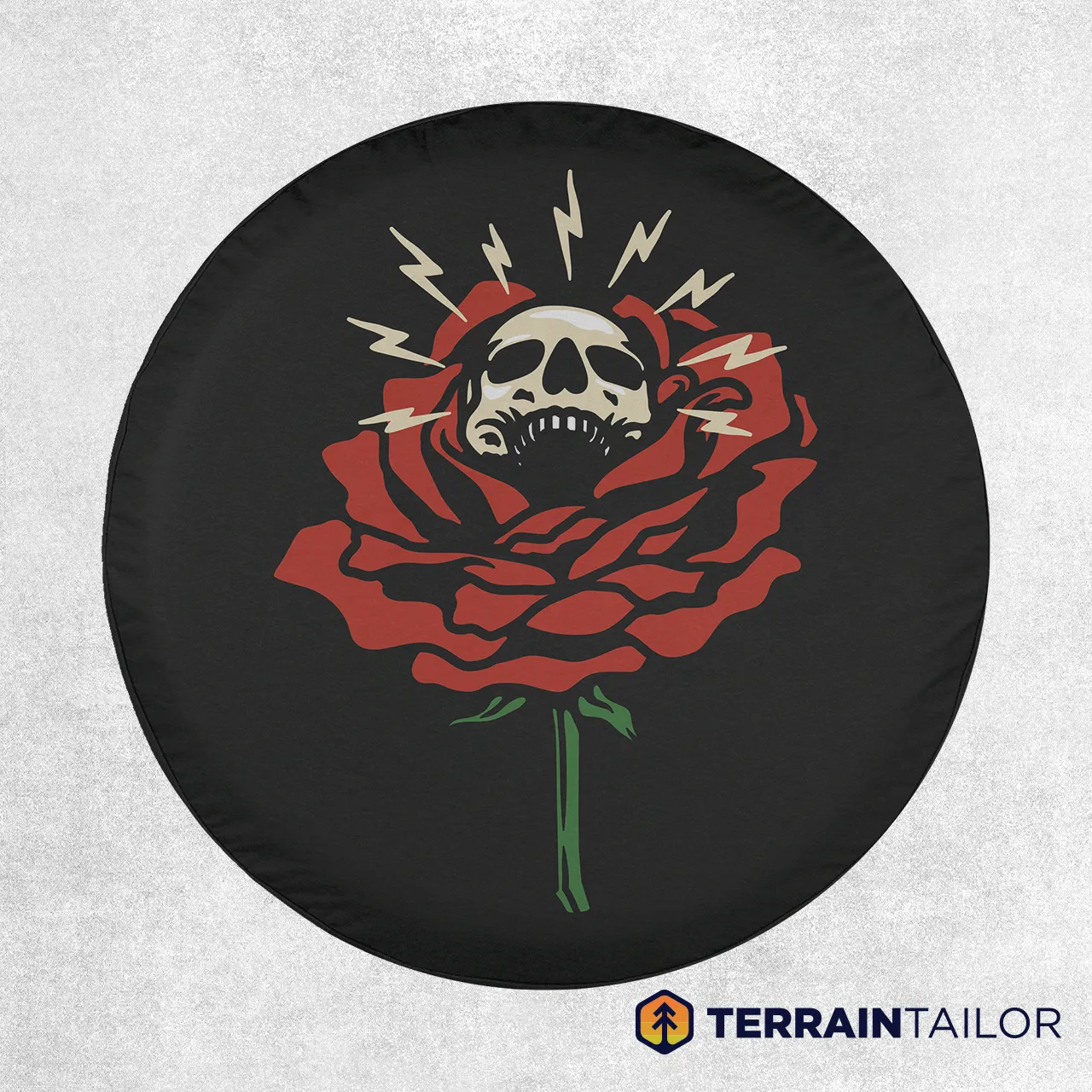 Skull Rose Tire Cover – Bold Red Rose with Radiant Skull Art