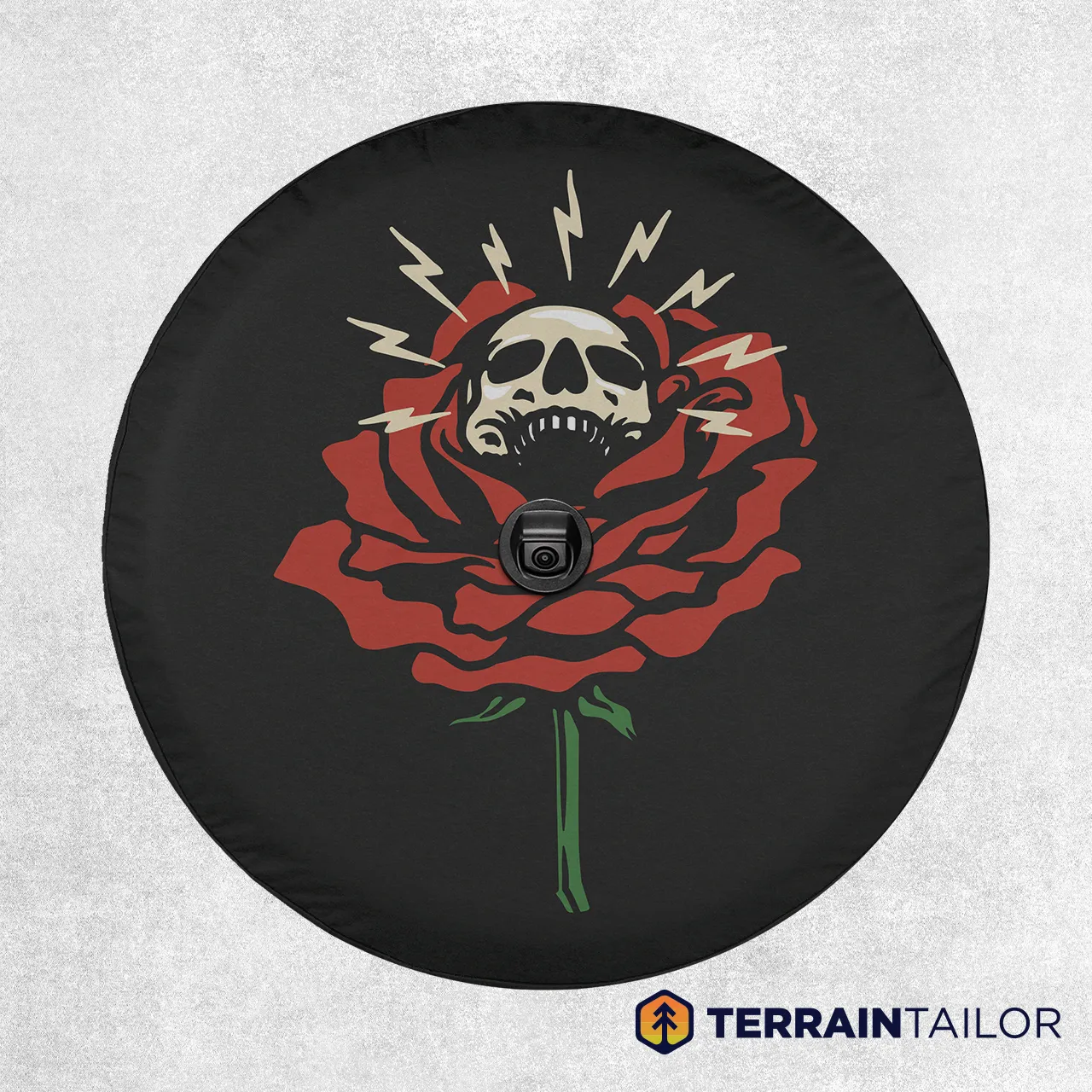 Skull Rose Tire Cover – Bold Red Rose with Radiant Skull Art