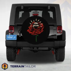 Skull Rose Tire Cover – Bold Red Rose with Radiant Skull Art
