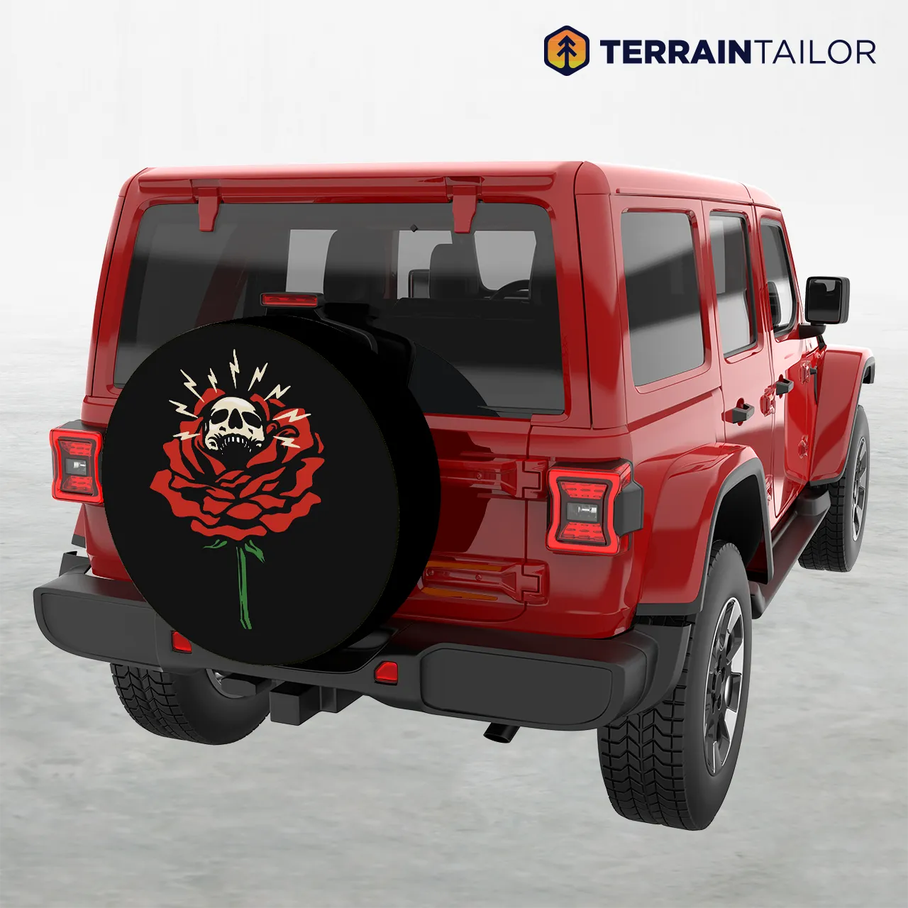 Skull Rose Tire Cover – Bold Red Rose with Radiant Skull Art