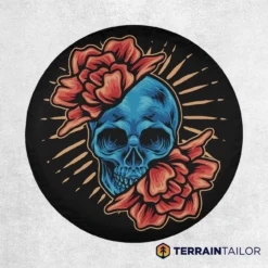 Blue Skull with Red Flowers Tire Cover – Bold Art with Vintage Tattoo Style