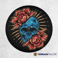 Blue Skull with Red Flowers Tire Cover – Bold Art with Vintage Tattoo Style