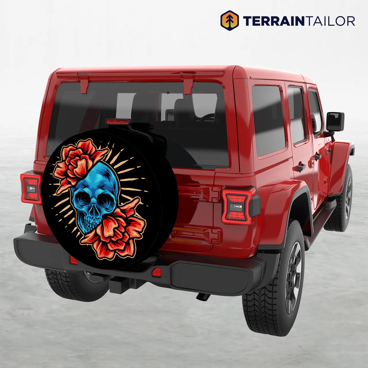 Blue Skull with Red Flowers Tire Cover – Bold Art with Vintage Tattoo Style