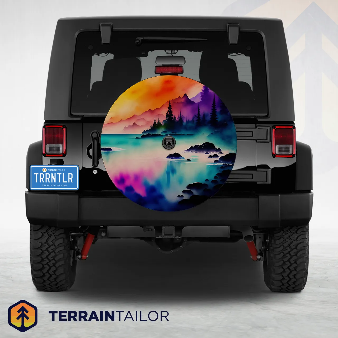 Vivid Watercolor Landscape Spare Tire Cover – Colorful Mountain & Lake Scene