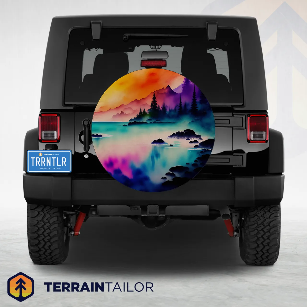 Vivid Watercolor Landscape Spare Tire Cover – Colorful Mountain & Lake Scene