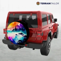 Vivid Watercolor Landscape Spare Tire Cover – Colorful Mountain & Lake Scene