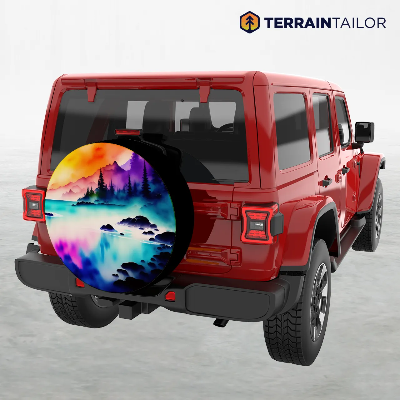 Vivid Watercolor Landscape Spare Tire Cover – Colorful Mountain & Lake Scene