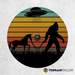 Bigfoot, Unicorn & UFO Retro Scene Spare Tire Cover