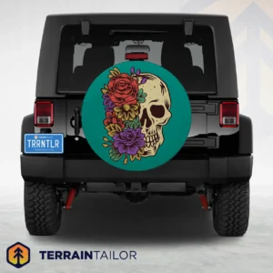Colorful Floral Skull Profile Tire Cover
