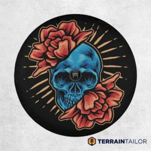Blue Skull with Red Roses Tire Cover