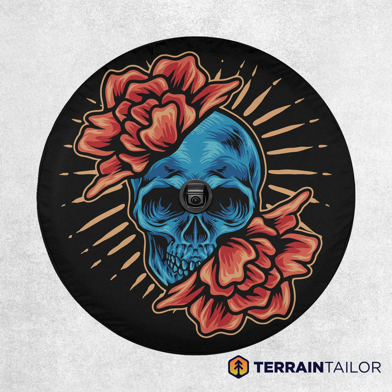 Blue Skull with Red Roses Tire Cover