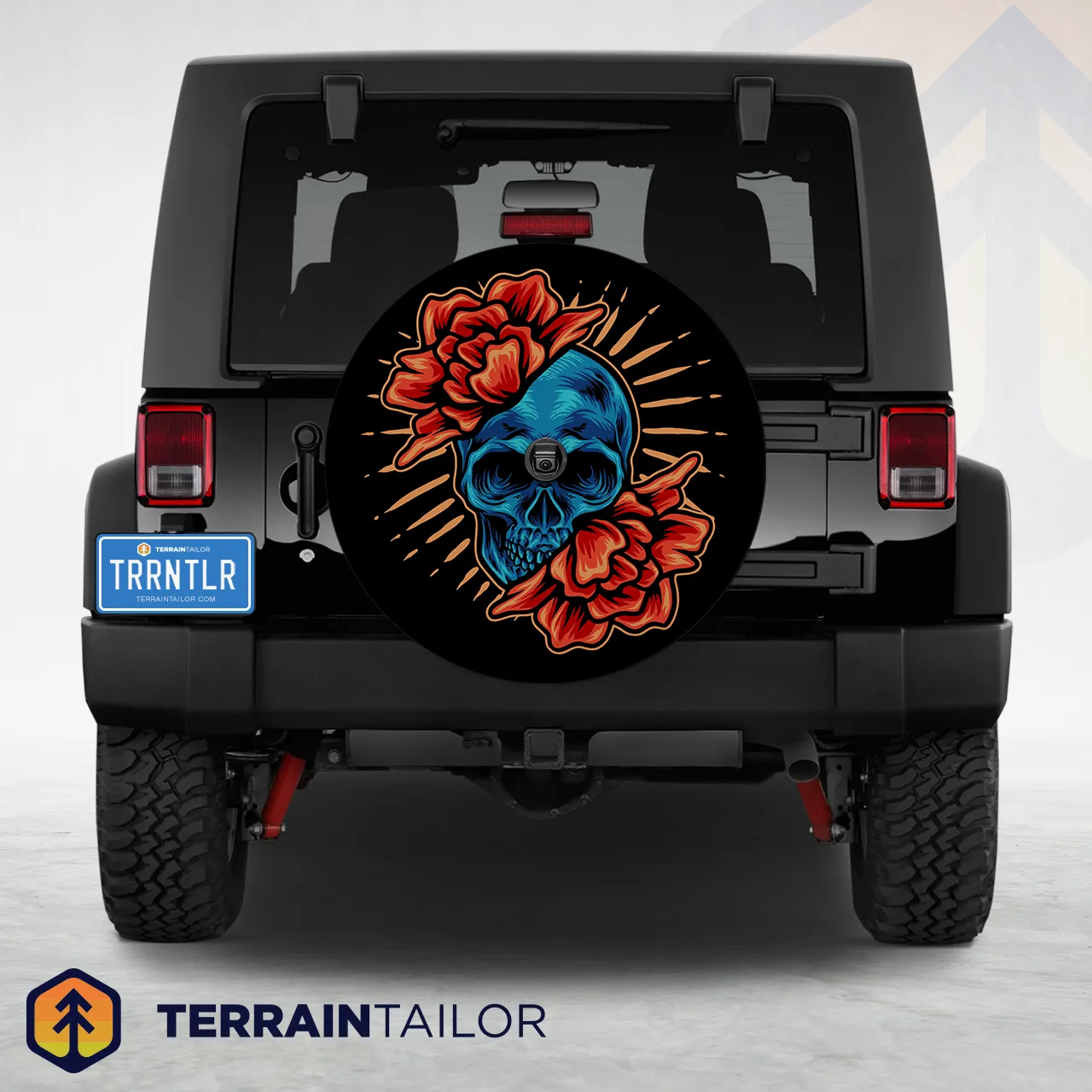 Blue Skull with Red Roses Tire Cover